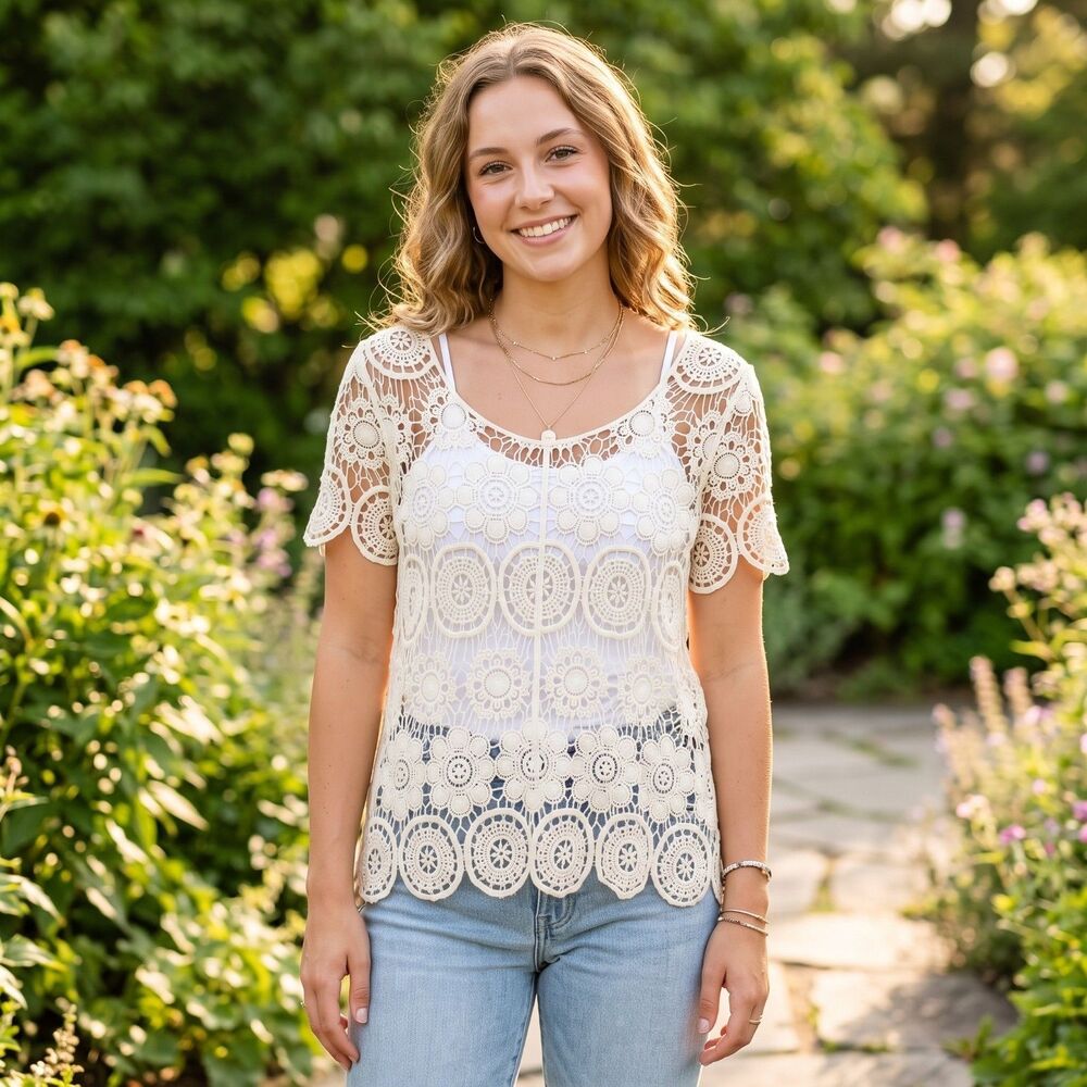 Blu Pepper Crochet Lace Overlay Layering Top L Cream Boho Hippie Costume Cotton